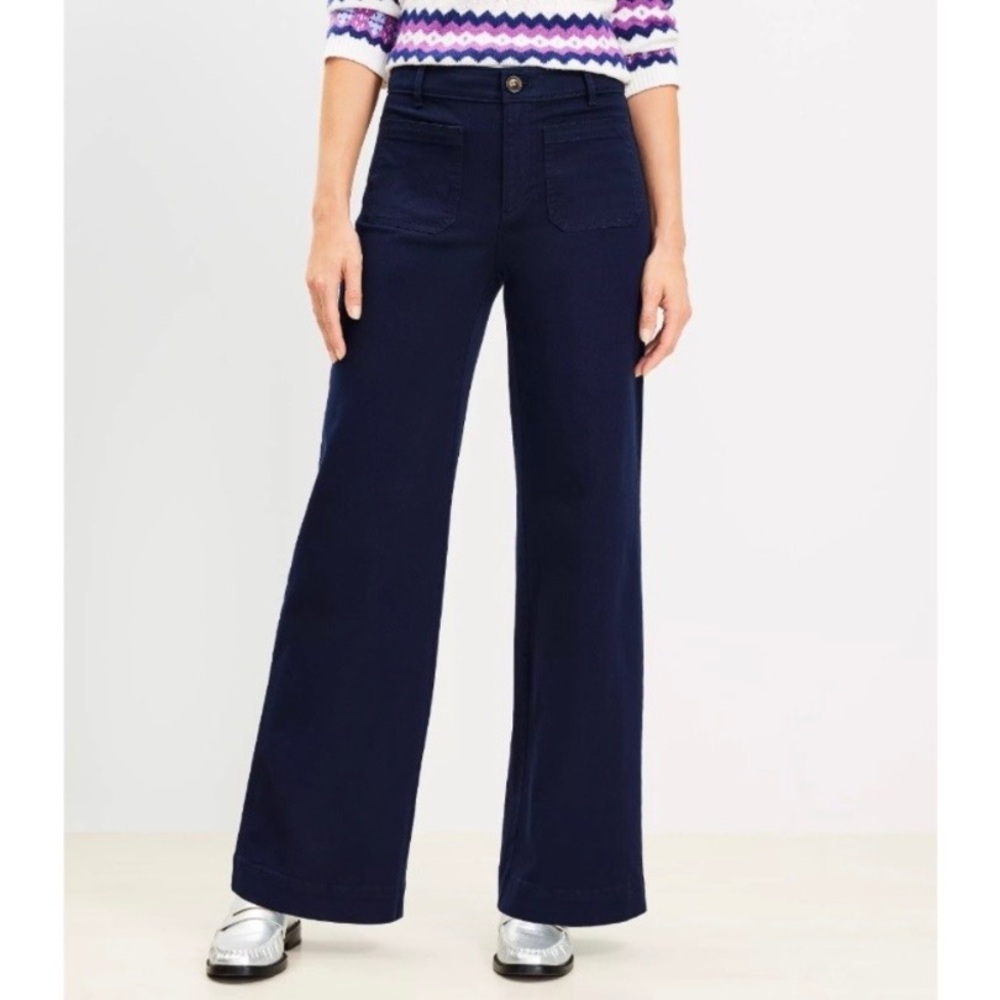 LOFT Palmer Wide Leg Navy Blue Pant Cotton Size 4 Petite Summer Print Pant 4P